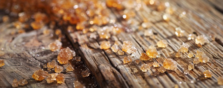 Close-up of golden caramelized sugar crystals scattered on a weathered wooden table. The rustic texture of the table contrasts with the glistening sugar crystals, creating a warm and inviting scene.の素材