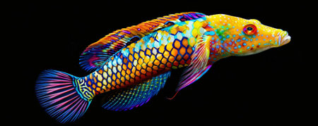 A vibrant, multi-colored wrasse in motion, its bright colors and intricate patterns highlighted against a black background. The fish's fluid, graceful movements create a stunning visual display.の素材
