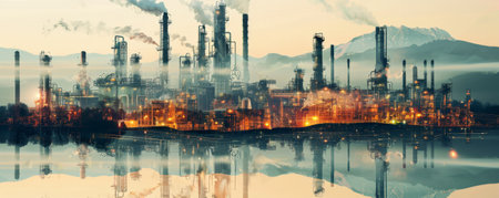 Innovative double exposure of an oil refinery plant with a futuristic landscape featuring carbon capture and storage technologies. The combination highlights the advancements in reducing carbon emissions in the energy industry.の素材