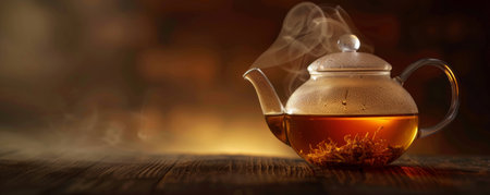 A glass teapot filled with steaming tea, placed on a dark background with plenty of space for text. The warm hues of the tea contrast beautifully with the shadowy backdrop, creating a calm and inviting atmosphere.の素材