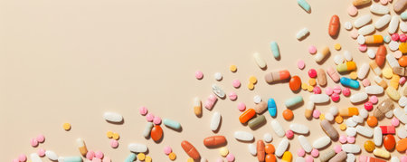 A random assortment of colorful pills scattered on a beige background, with a large empty space at the top for text. The neutral beige tone allows the colors of the pills to stand out.の素材