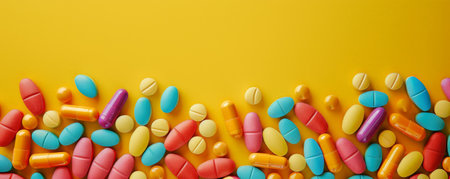 A collection of multicolored pills forming a semi-circle on a bright yellow background, leaving a clear area in the middle for text. The vibrant colors of the pills stand out against the sunny backdrop.の素材