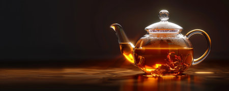 A clear glass teapot filled with amber tea, set against a dark background. The teapot glows softly, creating a perfect setting with space for text.の素材