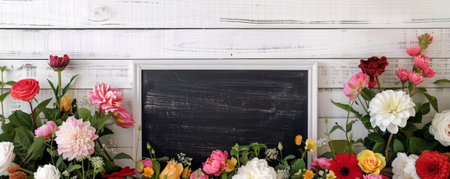A beautiful floral arrangement over a white wooden background with a blackboard for customizable messages.の素材
