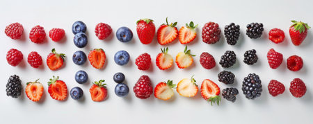 Organic ripe berries in an array of colors, spread out on a white background. View from above, highlighting their freshness and natural beauty.の素材