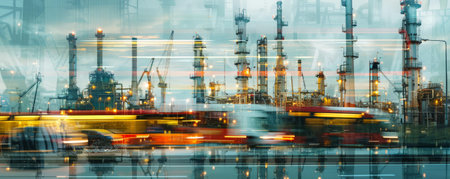 Double exposure of an oil refinery plant and a bustling eco-friendly city with electric buses and bikes. The image highlights the shift from traditional energy to sustainable urban transportation solutions.の素材