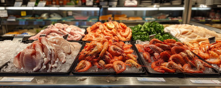 A grocery store seafood section with fresh fish, shrimp, and shellfish displayed on ice.の素材