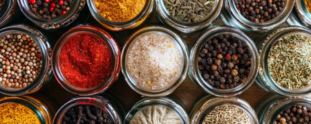 Close-up of various spices in glass jars with metal lids, each showing a different color and texture.の素材