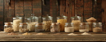 A rustic wooden table with various types of groats displayed in glass jars and wooden bowls, showing a variety of grains.の素材