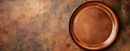 Party setup with a blank brown plate on a brown table, seen from above. The earthy brown hues provide a rustic charm. Ample space for text.の素材