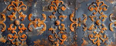 Aged metal panel with rust and peeling paint, featuring intricate patterns and a distressed look in grunge style.の素材