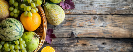 Fresh organic fruits such as grapes, melons, and oranges spilling out of a wooden basket, top view, with plenty of text space on a rustic wooden table background.の素材