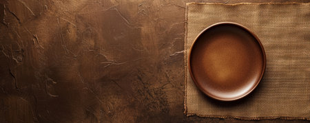 Party setup with a blank brown plate on a brown table, seen from above. The earthy brown hues provide a rustic charm. Ample space for text.の素材