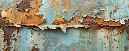 A detailed view of a rusted metal surface with peeling paint, highlighting the layers of decay and weathering in a grunge aesthetic.の素材
