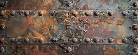 A vintage metal surface with intricate rust details and weathered patterns, creating a historical aesthetic.の素材