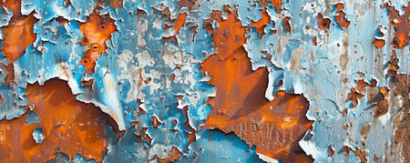 Peeling paint and rust on an old metal surface, featuring a distressed and weathered look with grunge elements.の素材
