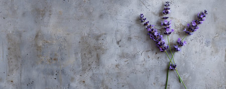 A lavender sprig against a concrete backdrop and an empty wall. The delicate purple flowers contrast nicely with the rough texture of the gray background, creating a serene flat lay image.の素材