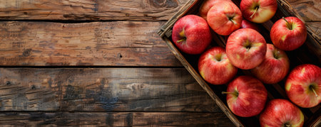 A top-down view of a wooden basket filled with fresh organic apples, with ample text space on the rustic wooden background.の素材