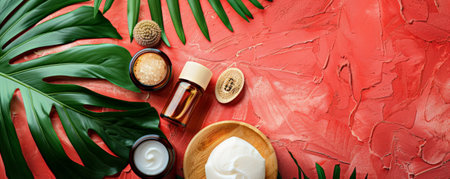 Top view of spa beauty products on a vibrant color surface, highlighted by luxurious tropical leaves. The spacious layout is ideal for adding text or other design components.の素材