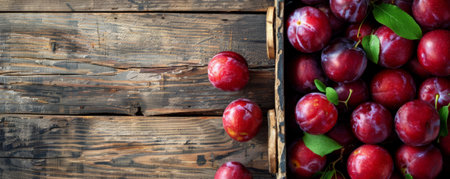 An overhead shot of fresh organic plums in a rustic wooden basket. The rich, juicy colors of the plums stand out, with ample text space provided for highlighting their nutritious value.の素材