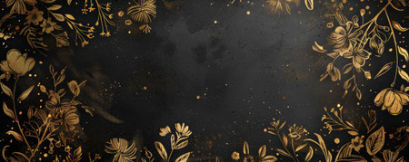 Elegant hand-drawn vintage floral frame on a black canvas, enhanced with sparkling gold dust, perfect for creating refined and stylish designs.の素材