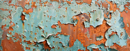Peeling paint and rust on an old metal surface, featuring a distressed look with intricate patterns in a grunge style.の素材