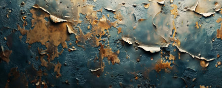A worn-out metal background with layers of peeling paint and deep, aged textures.の素材