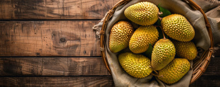 Fresh organic jackfruits in a wooden basket, viewed from above, with text space on a rustic wooden background.の素材