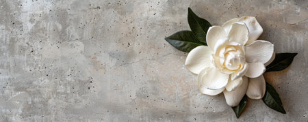 A gardenia with a concrete backdrop and an empty wall. The pure white petals of the gardenia add a touch of elegance and freshness to the flat lay image.の素材