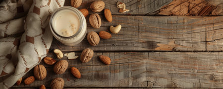 A wooden background with a jar of nut milk and scattered nuts. The rough texture of the wood complements the creamy, nutritious milk, ideal for health-focused visuals.の素材