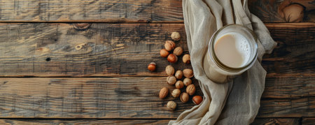 A rustic wooden background with a bottle of nut milk and a handful of nuts. The natural texture of the wood enhances the wholesome, creamy appearance of the milk, perfect for health-focused themes.の素材