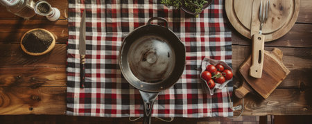 Top down view of a cozy kitchen setup with a checkered tablecloth and an old pan on a wooden table. The arrangement captures a vintage, homely feel.の素材