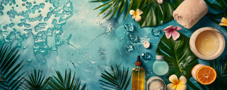 Aerial shot of various spa beauty products on a colorful background, adorned with tropical foliage. The arrangement offers plenty of space for text or creative overlays.の素材