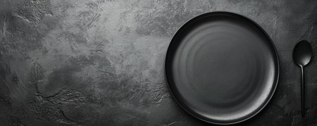 Celebration setup with a blank charcoal plate on a charcoal table, seen from above. The dark charcoal color adds sophistication and depth. Text space available.の素材