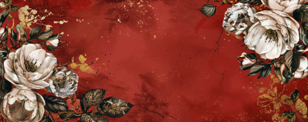 Elegant hand-drawn vintage floral frame on a red dust canvas, enhanced with gold highlights, perfect for creating refined and stylish designs.の素材