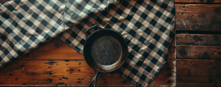 Top down view of a cozy kitchen setup with a checkered tablecloth and an old pan on a wooden table. The arrangement captures a vintage, homely feel.の素材