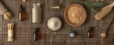 A top-down view of various spa products, including bath salts, essential oils, and a bamboo brush, arranged on a natural, woven mat.の素材