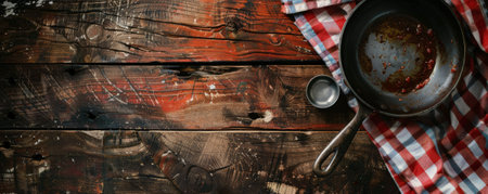 Top down view of a vintage kitchen setup with a checkered tablecloth and an old pan on a wooden table. The scene is ideal for culinary or nostalgic themes.の素材