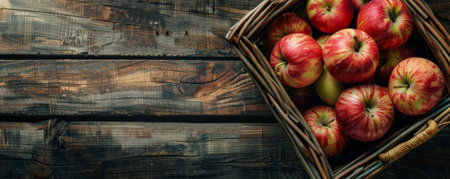 A top-down view of a wooden basket filled with fresh organic apples, with ample text space on the rustic wooden background.の素材