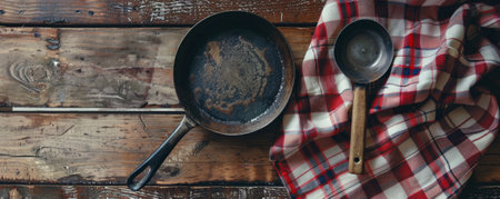 Top down view of a vintage kitchen setup with a checkered tablecloth and an old pan on a wooden table. The scene is ideal for culinary or nostalgic themes.の素材