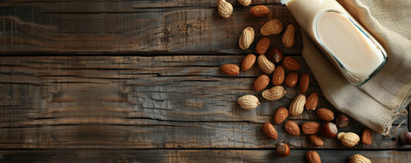 Overhead view of a bottle of nut milk on a wooden background, with a few nuts scattered. The natural wood texture contrasts beautifully with the creamy, nutritious milk, perfect for a healthy theme.の素材
