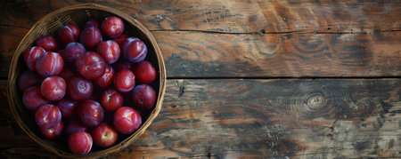 Overhead shot of a rustic wooden basket brimming with fresh organic plums. The vibrant fruit contrasts with the wooden texture, offering plenty of space for text about their nutritious value.の素材