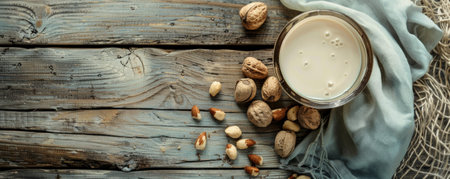 A rustic wooden background featuring a glass of nut milk and a handful of nuts. The rough wood surface contrasts with the smooth, creamy milk, creating a healthy and natural aesthetic.の素材