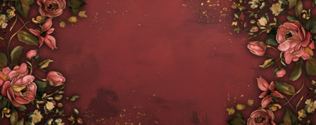 Elegant hand-drawn vintage floral frame on a crimson dust canvas, enhanced with gold highlights, perfect for creating refined and stylish designs.の素材