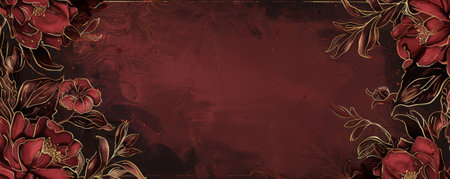 Elegant hand-drawn vintage floral frame on a crimson dust canvas, enhanced with gold highlights, perfect for creating refined and stylish designs.の素材