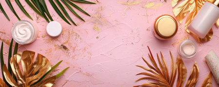 Top down view of beauty products for spa treatments on a pink surface with golden tropical foliage. The layout offers plenty of space for text or creative elements.の素材