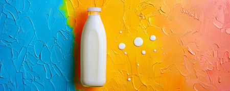 Bottle of milk placed on a bold color background, with droplets of milk around. The bright colors enhance the creamy texture and pure white color of the milk.の素材
