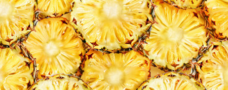 Seamless pattern featuring pineapple slices for background, perfect for a vibrant and tropical aesthetic.の素材