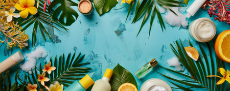An overhead shot of various spa beauty products on a vibrant color surface, complemented by tropical foliage. The spacious design allows for text or other elements.の素材