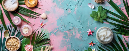A top down view of various spa beauty products on a colorful background, highlighted by tropical foliage. The spacious design allows for text or creative elements.の素材